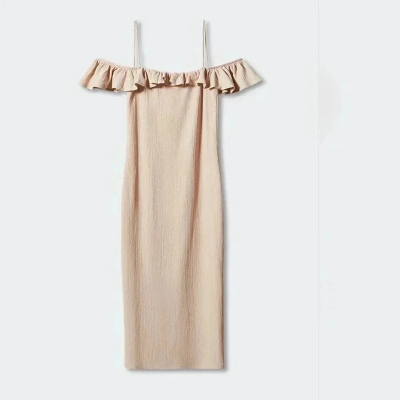 Mango MNG Janice Bone Nude Ruffle Sleeveless Midi Dress Size 6 NWT - Picture 1 of 7